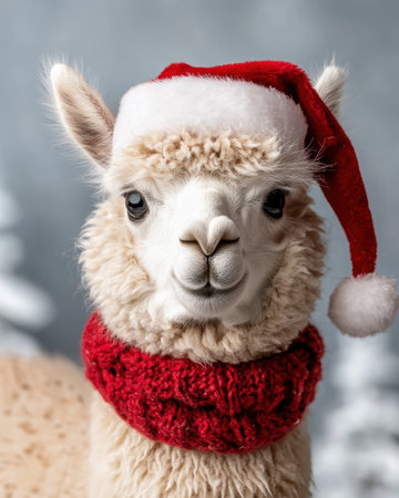 Adorable llama wearing a festive red hatの素材