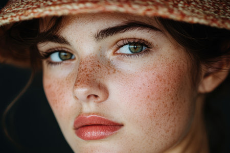 Thoughtful young woman with freckles and red hatの素材