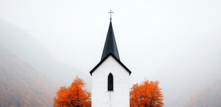white church with black spire surrounded by autumn treesの素材