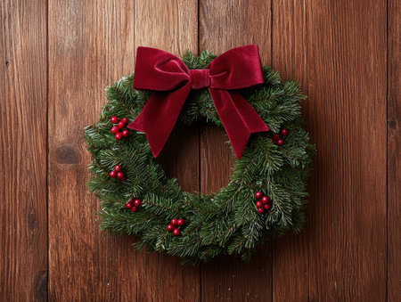 festive christmas wreath with red bow on wooden backgroundの素材
