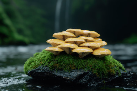 Vibrant mushrooms growing on moss-covered rockの素材