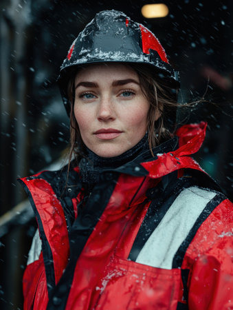 Determined woman in protective winter gearの素材