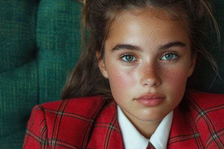 Pensive young woman with freckles and green eyesの素材