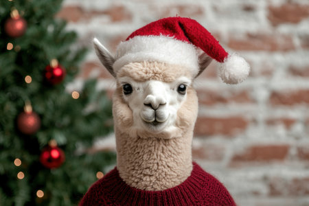 Festive llama wearing a santa hatの素材
