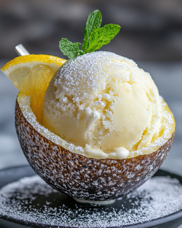 Refreshing lemon sorbet in a hollowed-out lemon peelの素材