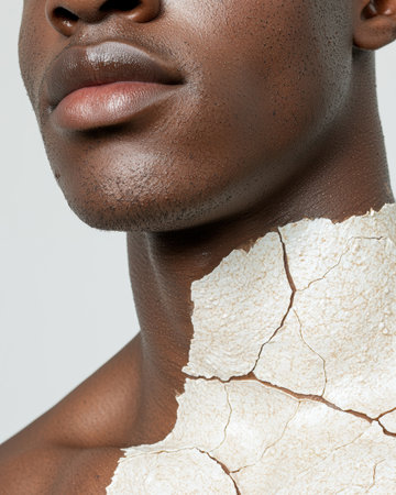 close-up of a person's face with cracked skinの素材