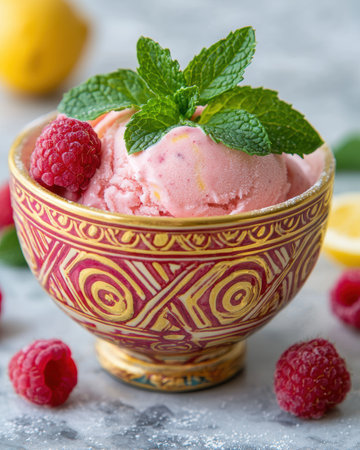 Refreshing raspberry sorbet in decorative bowlの素材
