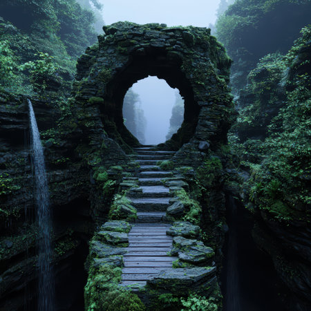 Enchanting stone arch in lush green forestの素材