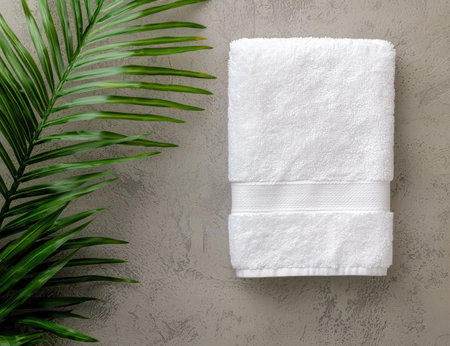 fresh green leaves and white towel on concrete backgroundの素材