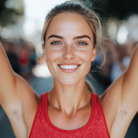 smiling woman in red tank topの素材