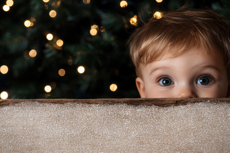 Curious child peeking through christmas decorationsの素材