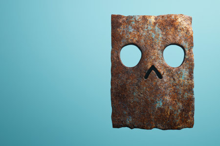 Rusty metal mask with eye holes on teal backgroundの素材