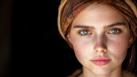 Thoughtful young woman with freckles and scarfの素材