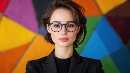 stylish woman in glasses posing against colorful backgroundの素材