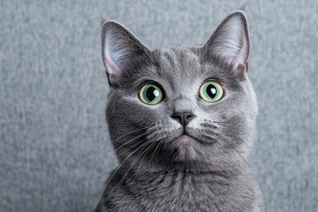 close-up portrait of a grey cat with green eyesの素材