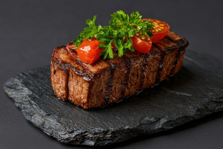 Juicy grilled steak with fresh herbs and tomatoesの素材
