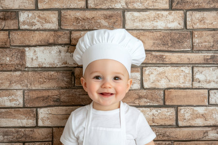 smiling baby chef in white uniform against brick wallの素材