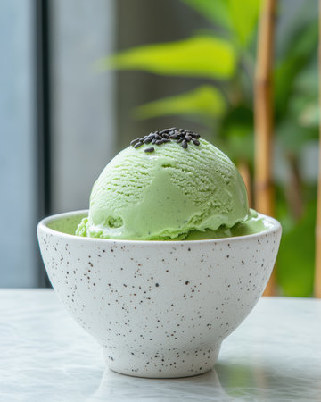 Delicious green tea ice cream in a speckled bowlの素材