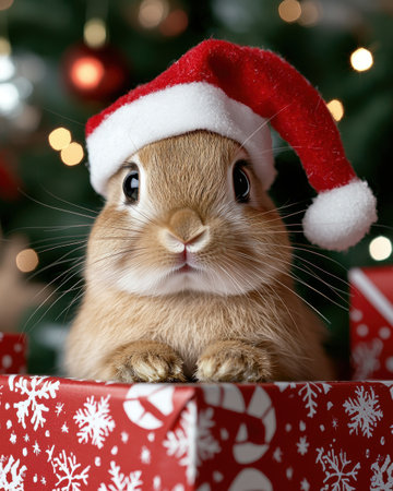 Adorable bunny wearing a santa hatの素材