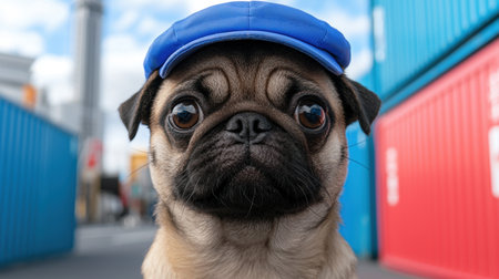 adorable pug dog wearing blue capの素材