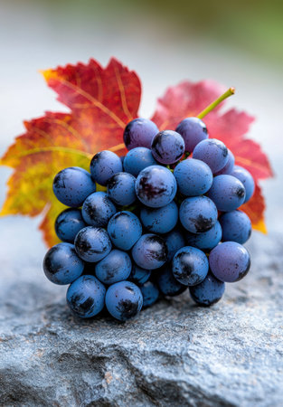 Vibrant autumn grapes on stoneの素材