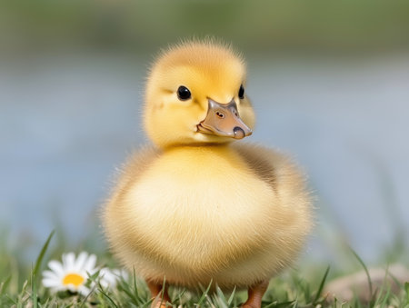 cute fluffy yellow duckling in grassの素材