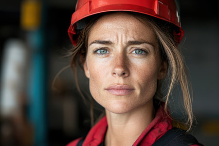 Determined female construction worker in red hardhatの素材