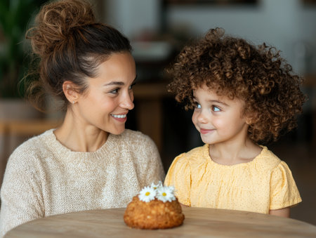 mother and daughter bonding over a baked treatの素材