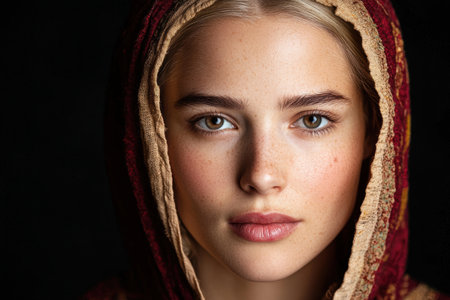 Portrait of a young woman with a red scarfの素材