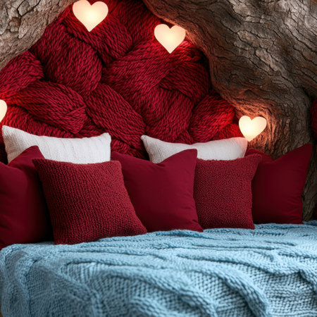 cozy winter bedroom with red knitted blankets and heart-shaped lightsの素材