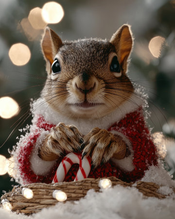 Cute squirrel in winter wonderland with candy caneの素材