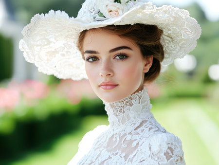 elegant woman in white lace dress and hatの素材