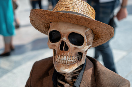 Skeleton wearing a straw hat and sunglassesの素材