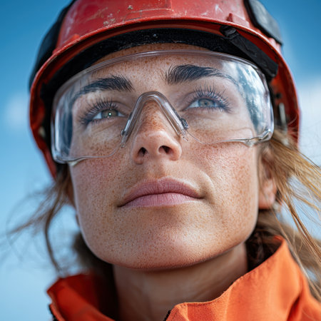 close-up portrait of a serious-looking worker wearing safety gearの素材