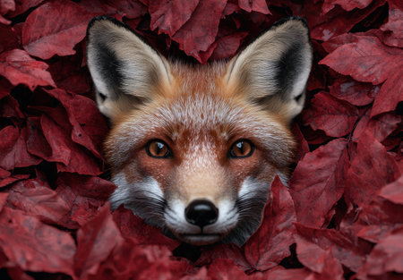 Curious fox peeking through autumn leavesの素材