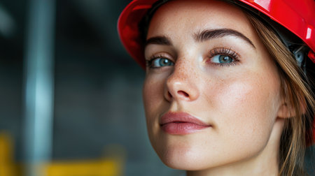 Determined woman in hard hat looking awayの素材