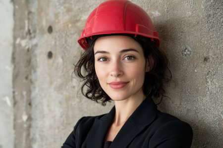 confident woman in hard hat on construction siteの素材