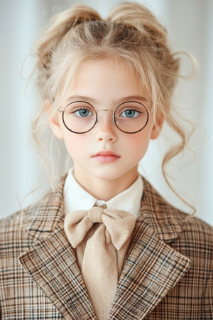 Thoughtful young girl in glasses and plaid coatの素材