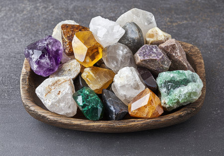Assortment of colorful natural gemstones and crystalsの素材