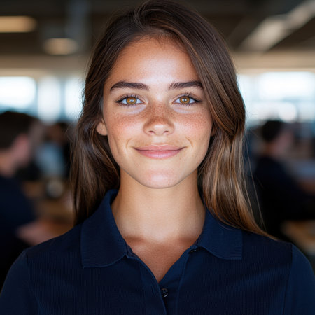 Smiling young woman with brown hairの素材
