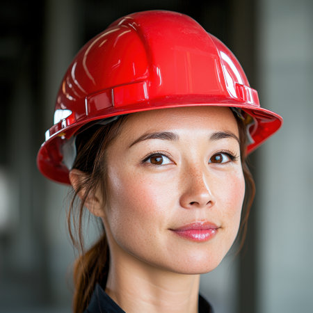 woman wearing red hardhat on construction siteの素材