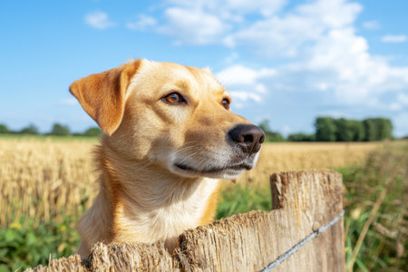 Friendly dog in a fieldの素材