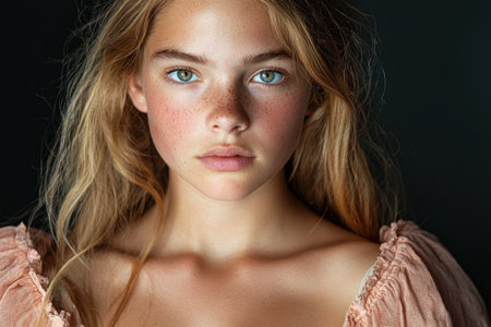 Thoughtful young woman with freckles and blue eyesの素材