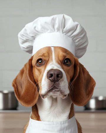 Adorable beagle dog wearing chef's hat and apronの素材