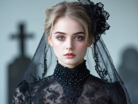 Elegant woman in black lace dress and veilの素材