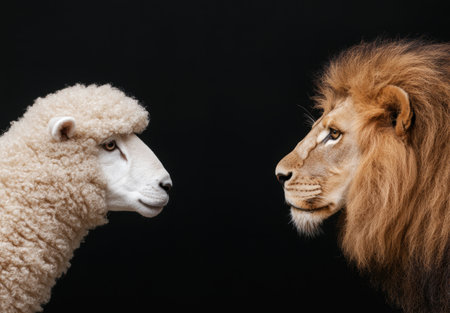 Powerful lion and gentle sheep face to faceの素材