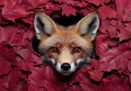 Curious fox peeking through red autumn leavesの素材