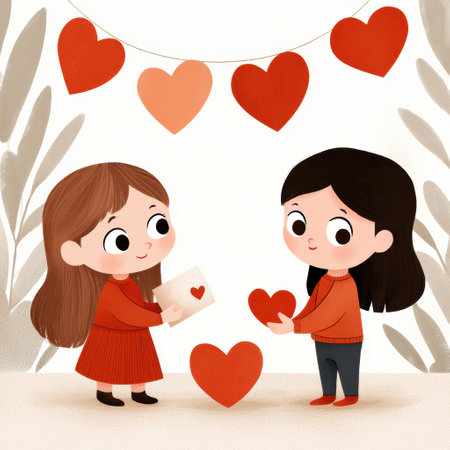 Cute cartoon couple exchanging valentines day cardsの素材