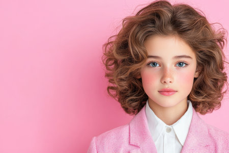 young girl with curly hair in pink outfitの素材