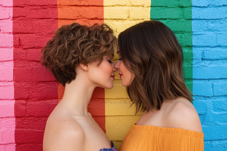 Intimate moment between two young womenの素材